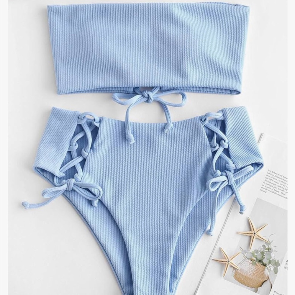Zaful Sky Blue Ribbed Bikini Set - Picture 2 of 3